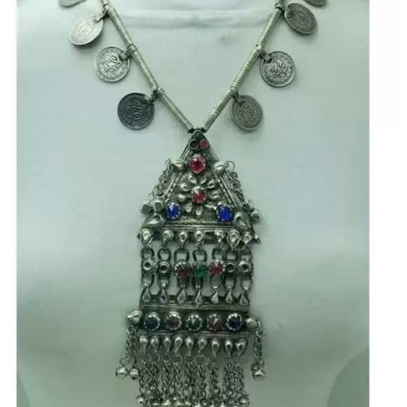 Silver Vintage Long Pendant Necklace with Coins Handmade Afghan Pendant Necklace - Picture 7 of 11